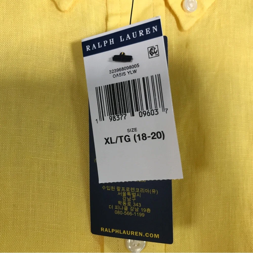 Ralph Lauren Linen Log Sleeve Button Up Shirt, Boy's Size XL 18/20 - Yellow